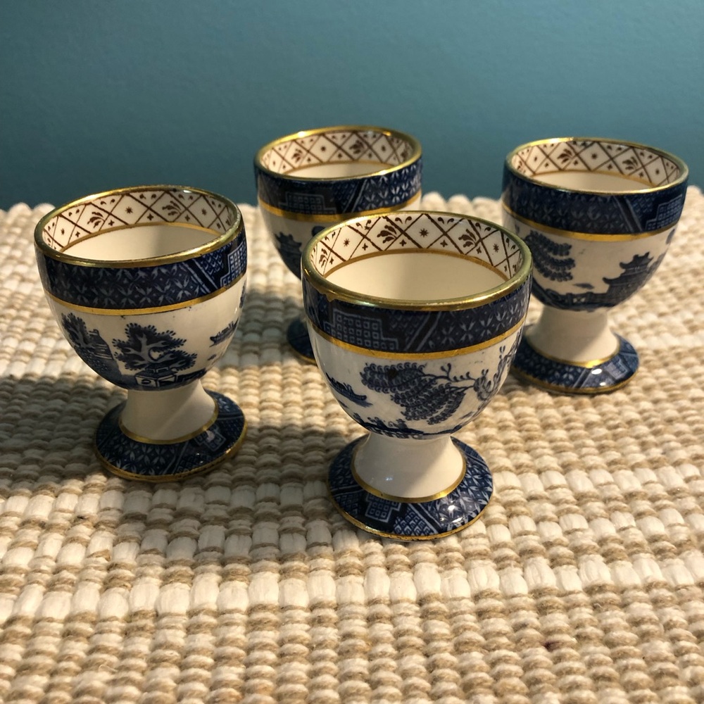 Vintage Booths England blue  and White Porcelain Egg Cups w Gold Trim - Set of 4